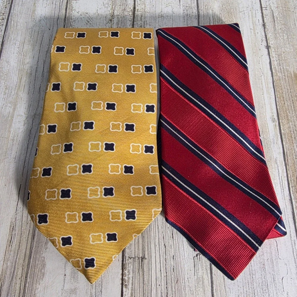 Tommy Hilfiger Mens Silk Necktie Bundle Red Striped & Yellow Geometric 2 Pack
